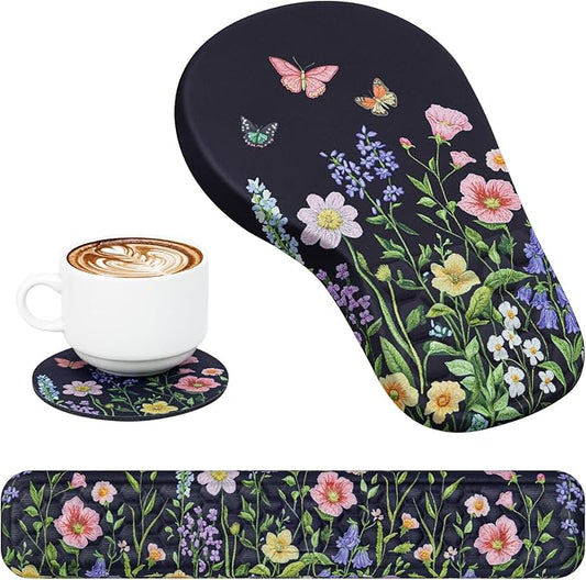 3 in 1 Ergonomic Mousepad with Wrist Rest, Gaming Keyboard Mouse Pad with Wrist Support Non-Slip Base Massage Design, Pain Relief (Butterfly)