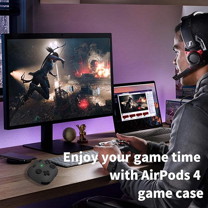 DamonLight Game Case for AirPods 4 Cover Shock-Proof Protective Silicone Case with Cleaning Pen and Keychain Accessories for Apple Airpods 4th Generation (Black)