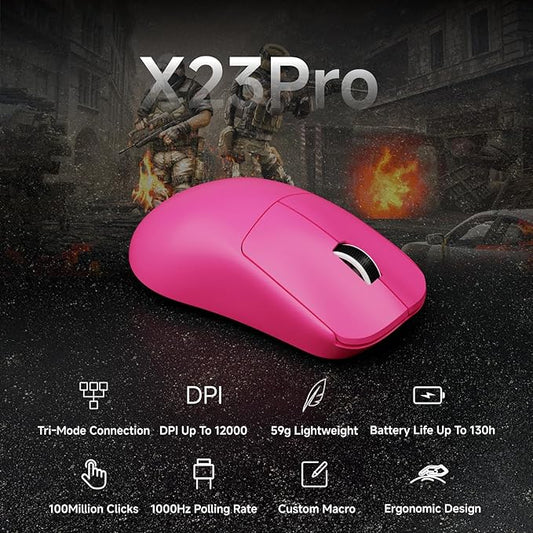 X23Pro Wireless Gaming Mouse, 59g Ultra-Lightweight, 800mAh Rechargeable Mouse, PAW3311 Sensor, 12000 DPI, Tri-Mode Wireless Mouses with 6 Programmable Buttons, Grip Tape, for PC/Mac, Pink