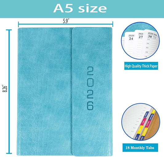 2026 Daily Planner - Appointment Book 2026, Hourly Daily & Monthly Planner with Tabs(Jan-Dec 2026), 8.26'' x 5.9'' Calendar Planner, Leather Cover + Thick Paper (26-Light Blue)