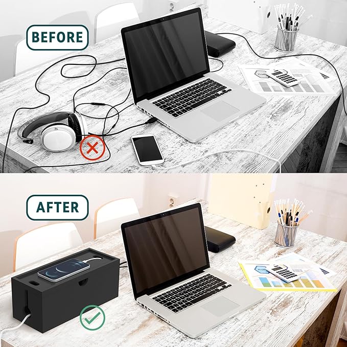 Bamboo Cable Management Box, Large Cord Organizer Box Cable Box to Hide Wires & Power Strips for Desktop Storage Cord Holder for Office Home,No Assembley Required (All Black, 1Medium)