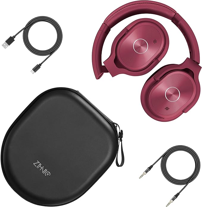 ZIHNIC Active Noise Cancelling Headphones, 40H Playtime Wireless Bluetooth Headset with Deep Bass Hi-Fi Stereo Sound,Comfortable Earpads for Travel/Home/Office (Red)