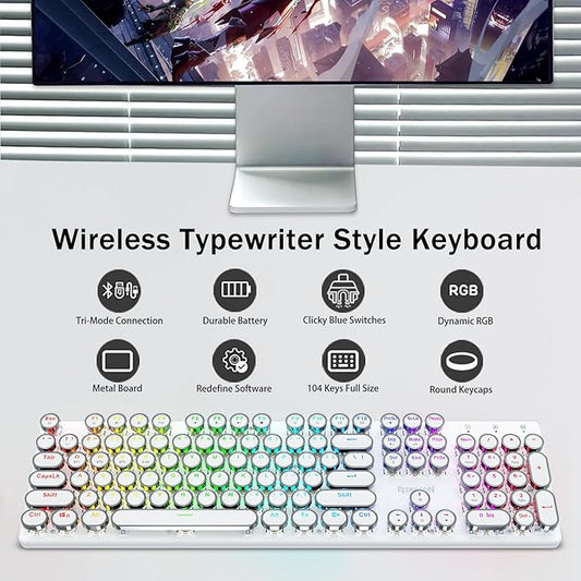 Redragon K710 Wireless Typewriter Mechanical Gaming Keyboard, Bluetooth/2.4Ghz/Wired, RGB Backlit, Blue Switch - Clicky, Rechargeable, Metal Panel, Round Keycaps, White