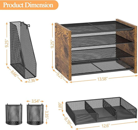 Wooden Desk Organizers and Accessories with File Holder, 4-Tier Paper File Organizer with Drawer & 2 Pen Holders, Office Desk Accessories, Desktop Organizer and Storage for Home Office