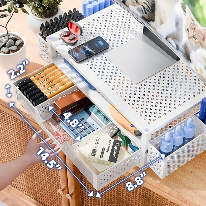 Simple Trending 2 Tier Metal Monitor Stand Monitor riser and Computer Desk Organizer with Drawer and Pen Holder for Laptop, Computer, iMac, White