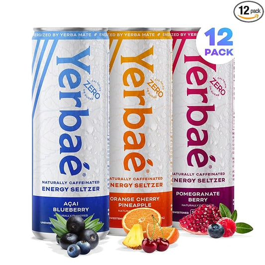 Yerbaé Energy Seltzer - Variety Performance Pack. No Sugar/Calories/Carbs. Energized by Yerba Mate Naturally Caffeinated Plant-Based, Healthy Alternative to Coffee/Sugary Sodas, Pack of 12, 12oz cans