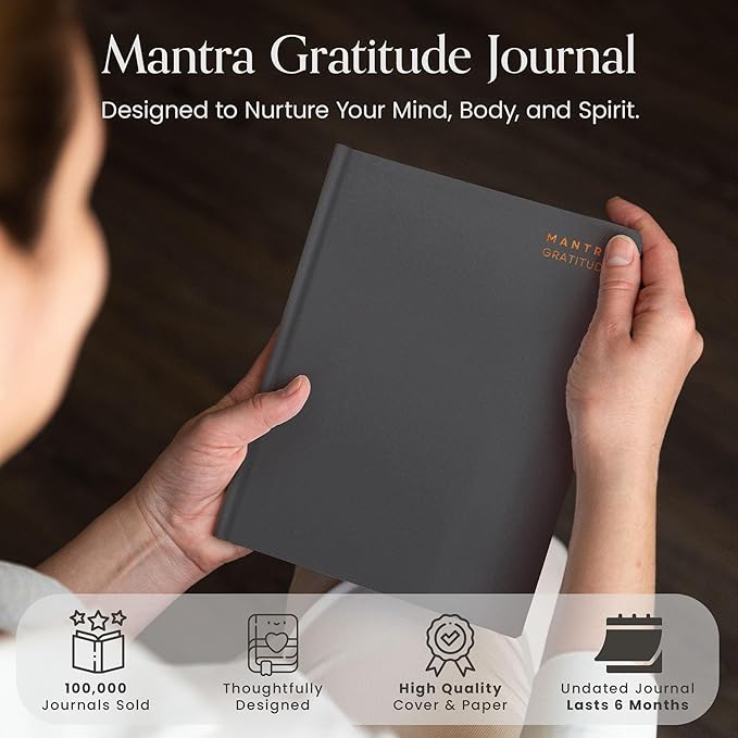 Gratitude Journal For Women & Men - Mental Health, Self Love & Self Care Journal - Black - 5.8" x 8.3" - Mantra Planner
