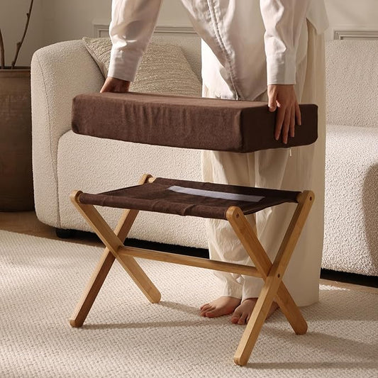 Folding Footrest Stool, Small Accent Ottoman with Thick Cotton Cushion & Bamboo X Legs, Modern Padded Sofa Stool for Makeup Bedroom Living Room (Brown)