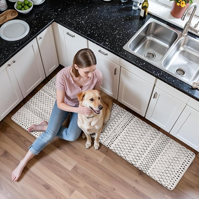 KIMODE Kitchen Mats 2PCS,Cushioned Anti Fatigue Kitchen Rugs and Mats,Non Skid Waterproof Kitchen Mats for Floor,Comfort Foam Standing Mat for Home, Office,Sink,Laundry,Desk,Black and White