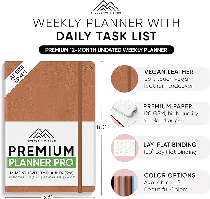 2025 Planner Pro 5.8 x 8.3 - Undated Productivity & Business Planner Notebook & Journal - Monthly Planner 2025 & Daily Planner 2025-2026 - A5 - Brown - Productivity Store