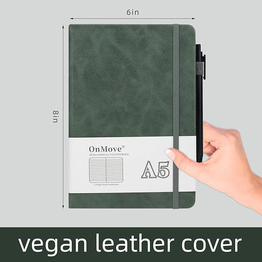 Notebooks Journal for Women Men 5 Pack Bulk Leather Hardcover with Pen Holder A5 160 Pages 100 GSM Thick Paper for Work School Lined Green