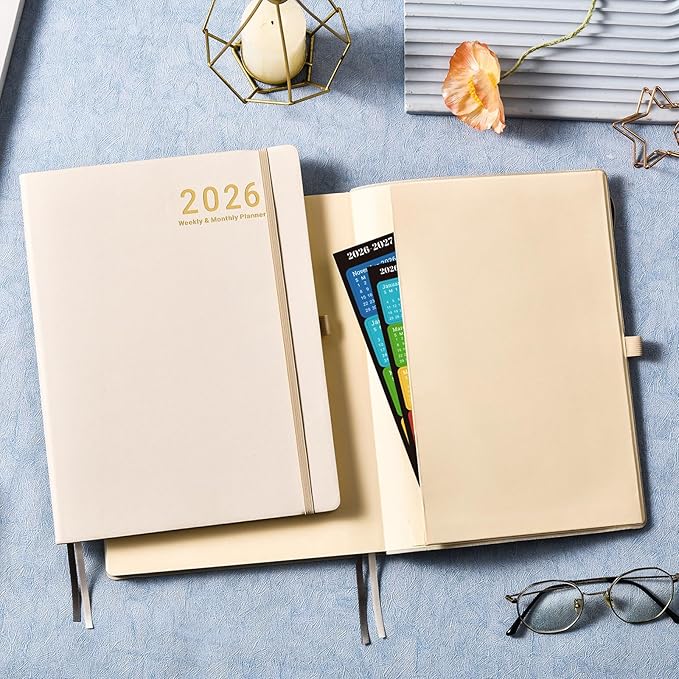 2026 Planner - JAN 2026 - DEC 2026, Planner 2026, Weekly and Monthly Planners, Leather Cover Planners with Thick Paper, Back Pocket with Notes Pages, Seashell Gold (8.5" x 11")