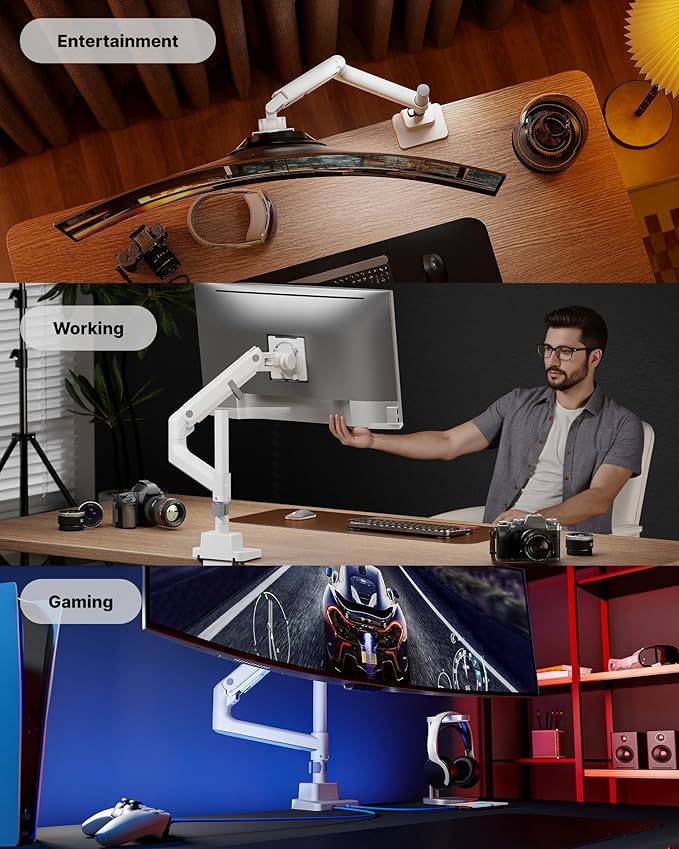 monTEK Heavy-Duty Single Monitor Arm for 17-57 inch, up to 59.4lbs Ultrawide Screens,Gas Spring Dual Curved Adjustable Monitor Stand for Desk,75/100mm VESA Mount with USB,White