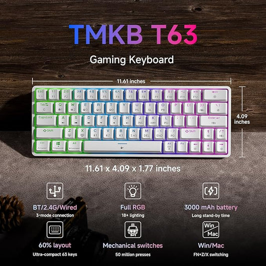 TMKB T63 Gaming Keyboard, 60% Wireless Mechanical Keyboard with Bluetooth/2.4G/Type-C, Compact 63 Keys Anti-Ghosting, RGB Backlight, Linear Red Switch - White