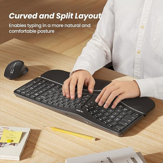 Nulea KM75 Advanced Ergonomic Wireless Keyboard and Mouse Combo, Comfortable Natural Typing, Palm Rest, Multi-Device (Bluetooth, 2.4G, Wired), Rechargeable, for Multi-OS, Windows, Mac, Android(Black)