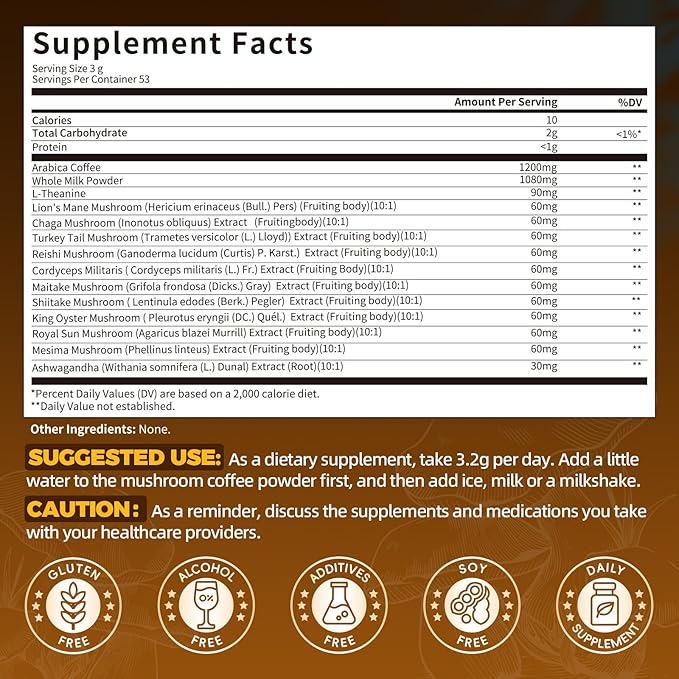 Mushroom Coffee,10 Adaptogenic Mushrooms With Oatmeal Powder MCT Oil, Hydrolyzed Collagen, Instant Coffee with Lion's Mane, Chaga, Cordyceps, L-Theanine for Energy, Focus, Digestion and Immunity, 160G