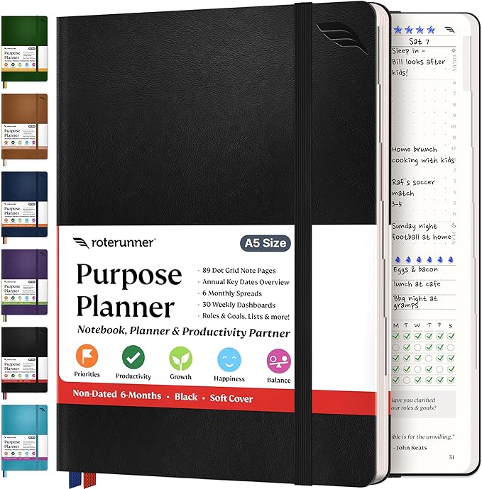 Roterunner Purpose Planner Notebook A5 5.8”x8.3” Undated 2025 Daily Weekly and Monthly Productivity Goal Setting Tool for Work Home ADHD Planner for Adults Self Care Journal (Black Softcover)