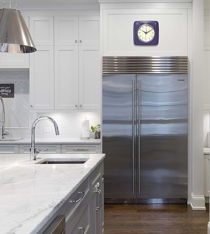 Infinity Instruments Retro Wall Clock - 9 Inch Square Clock - Silent Non-Ticking Mid Century Modern - Kitchen Clock Office Clock Diner Wall Clock - Vintage Wall Clock Decorative - Purple