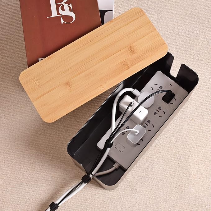 Cable Management Box - Wooden Style Cord Organizer Box to Hide Wires & Power Strips | Desk Computer Cable Organizer Box | Safe ABS Material | 12.6" (L) x 5.3" (W) 4.9" (H) | for Home & Office - Black