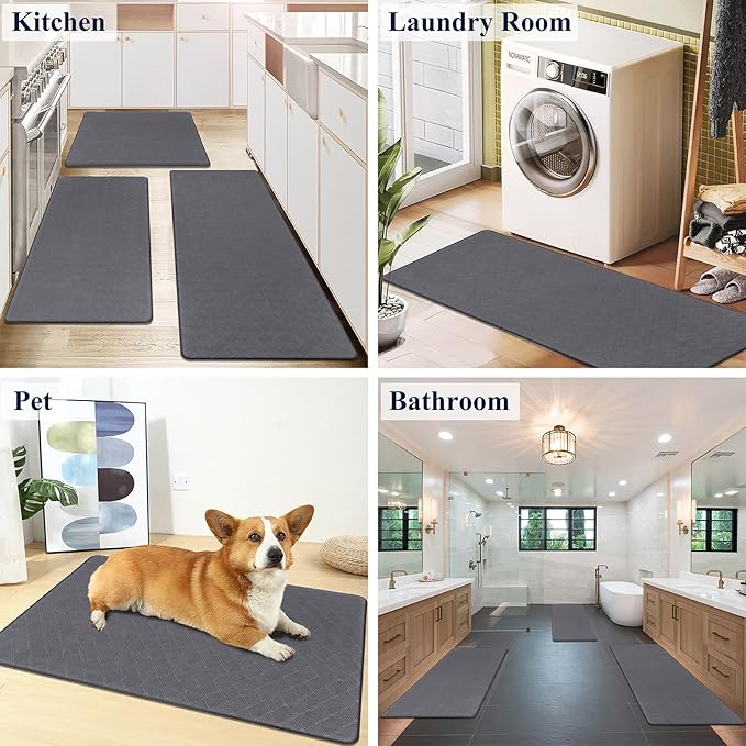 HEBE Anti Fatigue Kitchen Mats for Floor Set of 3 Cushioned Kitchen Rug Sets 3 Piece Non Slip Kitchen Rugs and Mats Waterproof Comfort Standing Mat Runner for Home Office,Sink,Laundry
