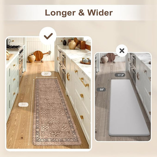 KIMODE Anti Fatigue Mats for Kitchen Floor, 20"x71" Boho Vintage Kitchen Runner Rug, Cushioned Floor Mat Non Slip, Memory Foam Standing Mat for Sink Laundry Office Desk Brown