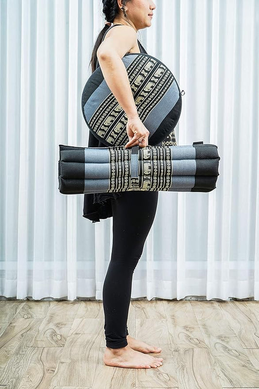 Leewadee Meditation Cushion Set – 1 Small Zafu Yoga Pillow and 1 Small Roll-Up Zabuton Mat Filled with Kapok