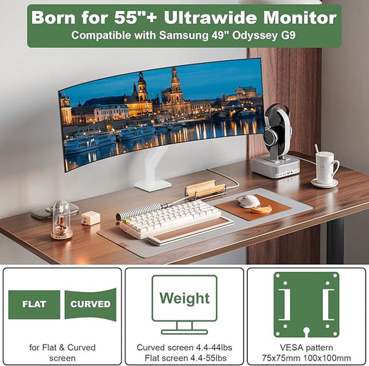 White Monitor Arm for 17”-57” Screens up to 55lbs, Premium Aluminum Ultrawide Monitor Mount for Samsung 49” Odyssey G9 and LG, VESA 75/100mm