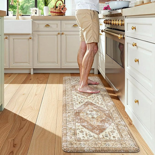 KIMODE Kitchen Runner Rug,17.3" x 59" Farmhouse Anti Fatigue Kitchen Mats for Floor Cushioned,Non-Slip Waterproof Comfort Thick Kitchen Floor Standing Mat for Front Sink,Laundry Room,Mutil-Khaki