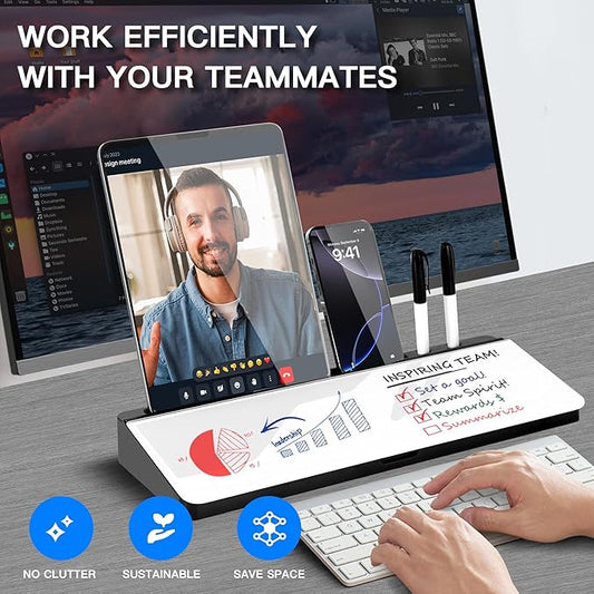 KVY Desk Whiteboard with Storage,Desktop Glass Dry Erase White Board Organizers Supplies with Accessories for Office, Home, School Essentials (Black)