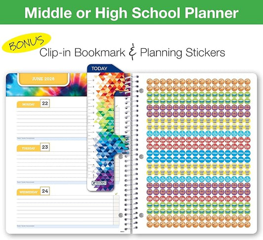 Global Datebooks Dated Middle School or High School Student Planner for Academic Year 2025-2026 Includes Ruler/Bookmark and Planning Stickers (Block Style - 8.5"x11" - Blue Colors)