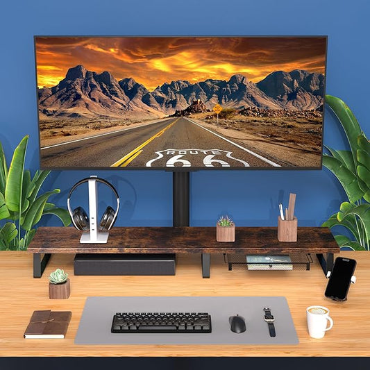 Aothia Dual Monitor Stand Riser - Metal Leg Monitor Stand with Drawer, Desk Shelf for PC, Laptop & Screen (Vintage)