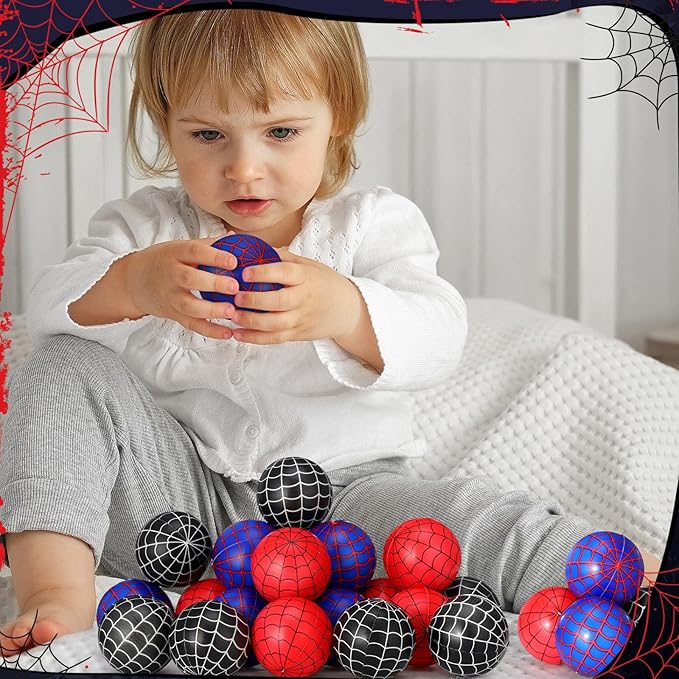 Meooeck 24 Pcs Spider Web Stress Balls Bulk 1.57 Inch Relief Stress Balls Mini Foam Anxiety Fidget Toys Squeeze Sensory Toys Squishy Blue Red Black Spider Web Finger Exercise Birthday Party Favors