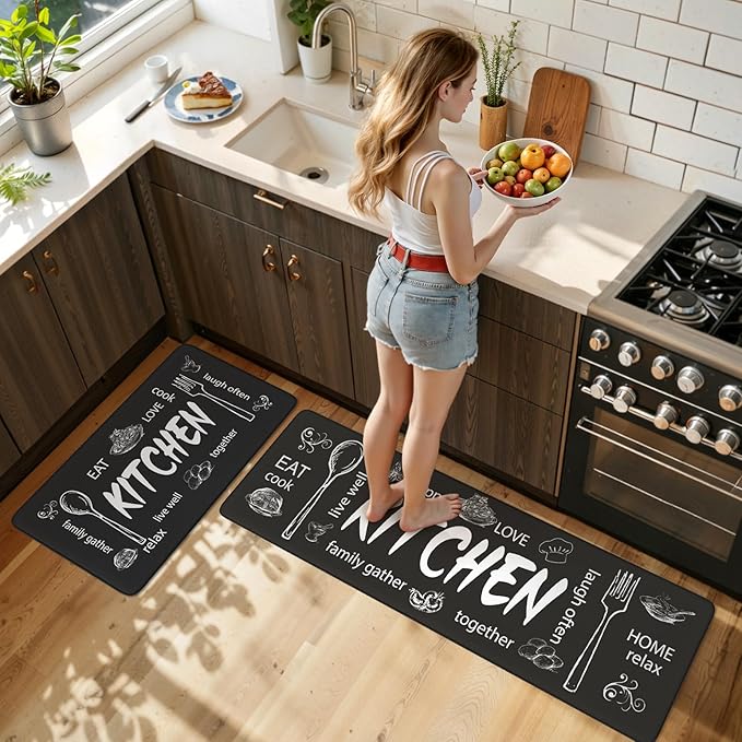 KIMODE Anti Fatigue Kitchen Mats, Farmhouse Kitchen Rugs Sets of 2,Non Slip Waterproof Kitchen Floor Mats,Ergonomic Cushioned Comfort Standing Mat for Home,Laundry,Office,Sink,Desk,Black