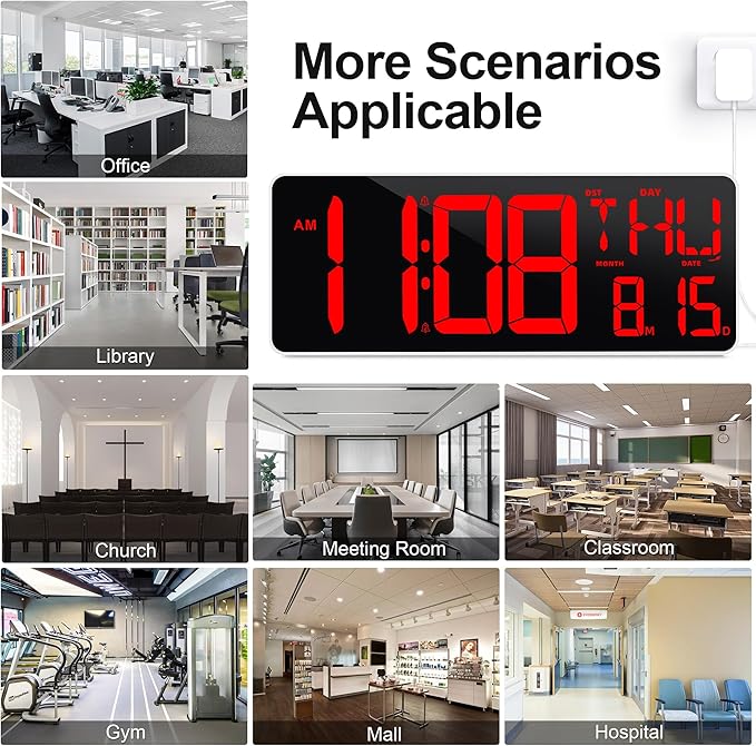 TXL 13.7 Inch Large Digital Wall Clock with Remote Control,LED Desk Clock Digital with DST/Calendar/Temperature/Timer Function, Auto Dimmer, Large Display for Classroom/Office (Red)