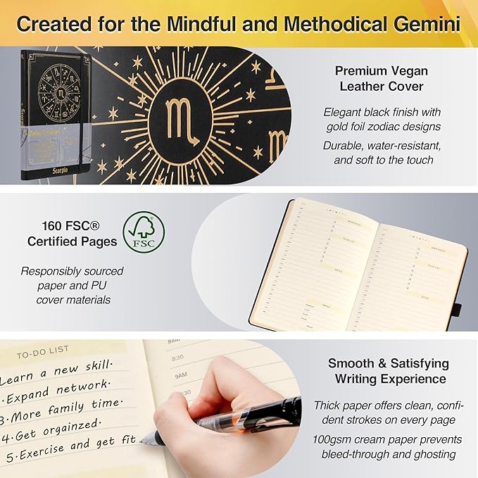 Scorpio Zodiac Astrology Undated Monthly Weekly Daily Planner Journal A5 5.8" x 8.3" 160 Pages 100GSM Paper 2025 2026 2027 Holidays Calendar