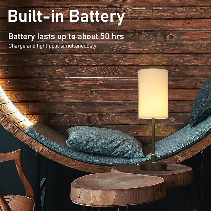 Small Cordless Touch Lamps for Nightstand Lamp Battery Operated Rechargeable Lamp, Portable 3 Colors Stepless Dimmable Fabric Shade Night Light for Restaurant/Bedroom/Outdoor (White+Black)