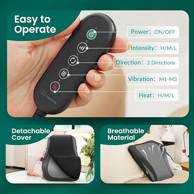 Snailax Back Massager for Back Pain Deep Tissue, Shiatsu Lower Back Neck Massager with Heat, 3D Kneading Massage Pillow for Neck Shoulder