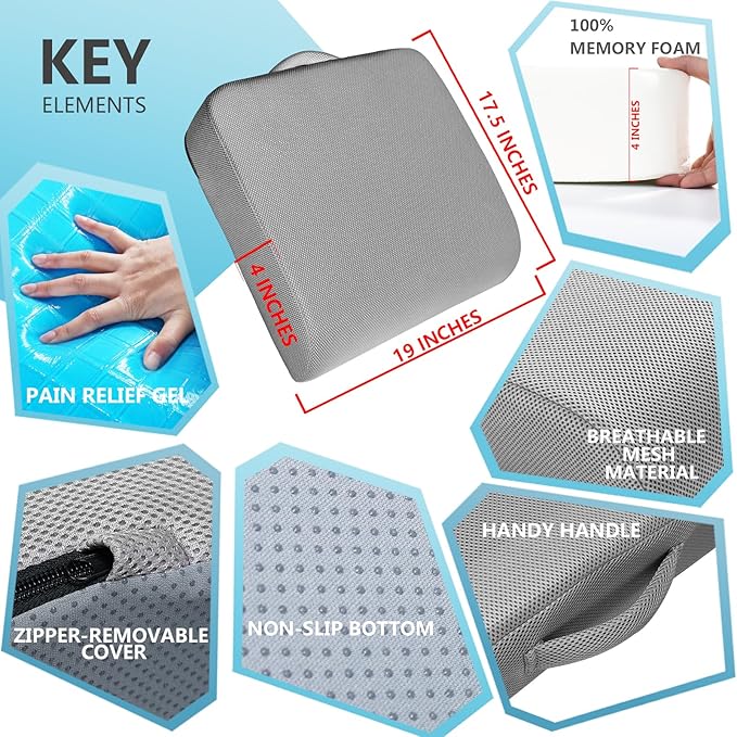 YOUFI Extra Thick Large Seat Cushion -19 X 17.5 X 4 Inch Gel Memory Foam Cushion with Carry Handle Non Slip Bottom - Pain Relief Coccyx Cushion for Wheelchair Office Chair (Gray)