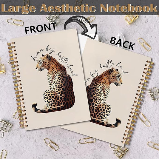 Trendy Inspirational Leopard Notebook, Funky Cheetah Print Journaling Notebook, Modern Aesthetic Leopard Journal, Dream Big Hustle Hard Positive Quote Cheetah Spiral Notebooks 5.5x8.3 Inch