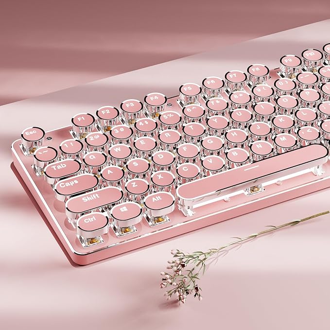 EWEADN TK950 Typewriter Keyboard Wireless Mechanical Keyboard, 104 Keys Aesthetic Typewriter Keyboards with White Backlit, Anti-Ghosting, Blue Switch Bluetooth/2.4GHz/Wired Keyboards-Pink