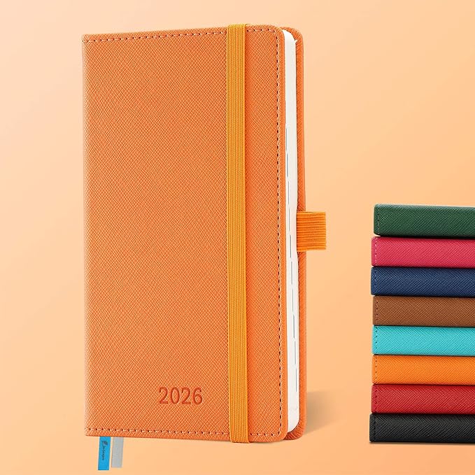 Weekly Monthly 2026 Planner (Jan.26-Dec.26),6.5"x3.75",12 Months Agenda Plan with Month Tabs & Pocket,Expenses/Note Pages, Appointment Book Calendar with Hardcover Vegan Leather Cover,Orange