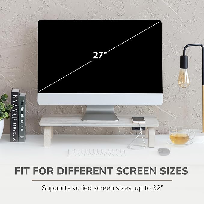 Anji Mountain Monitor Stand - Desktop Organizer & Laptop Riser, Ergonomic Monitor Riser, Space-Saving Monitor Stand for Desk, Durable Construction, Easy Assembly, Ideal for Home & Office,White Wash