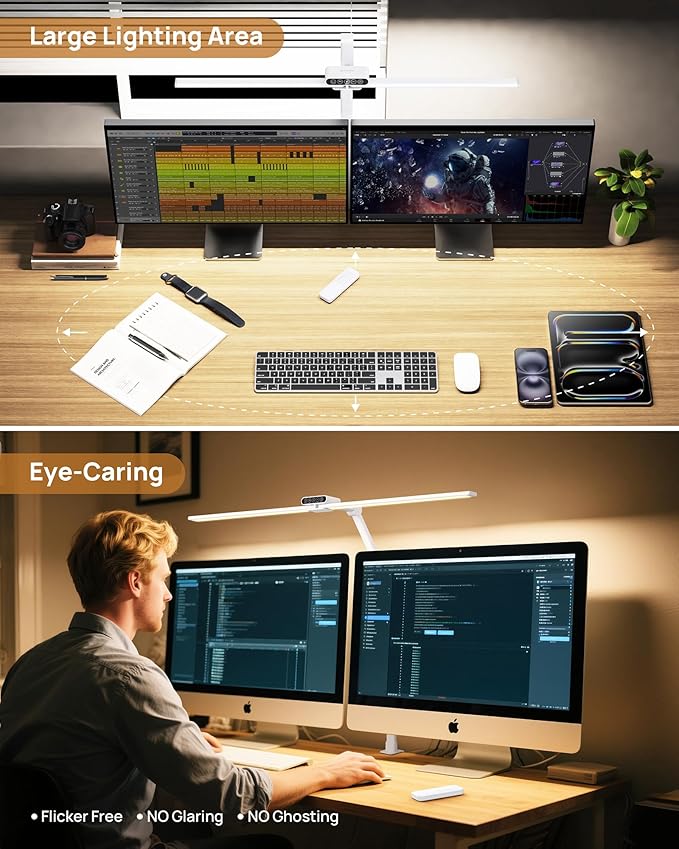 TROND LED Desk Lamp with Clamp - 360° Rotating Architect Desk Lamp for Home Office, 5 Color 5 Brightness Computer Monitor Light, 24W Bright Eye Caring, 45-min Timer with Remote for Table Study Work