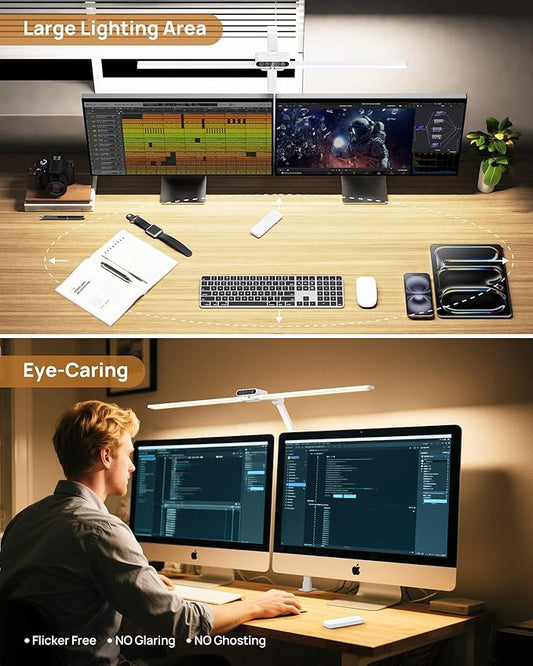 TROND LED Desk Lamp with Clamp - 360° Rotating Architect Desk Lamp for Home Office, 5 Color 5 Brightness Computer Monitor Light, 24W Bright Eye Caring, 45-min Timer with Remote for Table Study Work