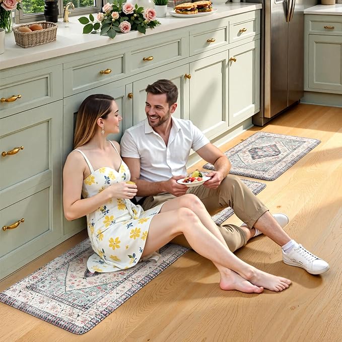 KIMODE Anti Fatigue Kitchen Mats,Boho Vintage Kitchen Rugs Sets of 2,Non Slip Waterproof Kitchen Floor Mats,Ergonomic Cushioned Comfort Standing Mat for Laundry,Office,Sink,Desk,Blue