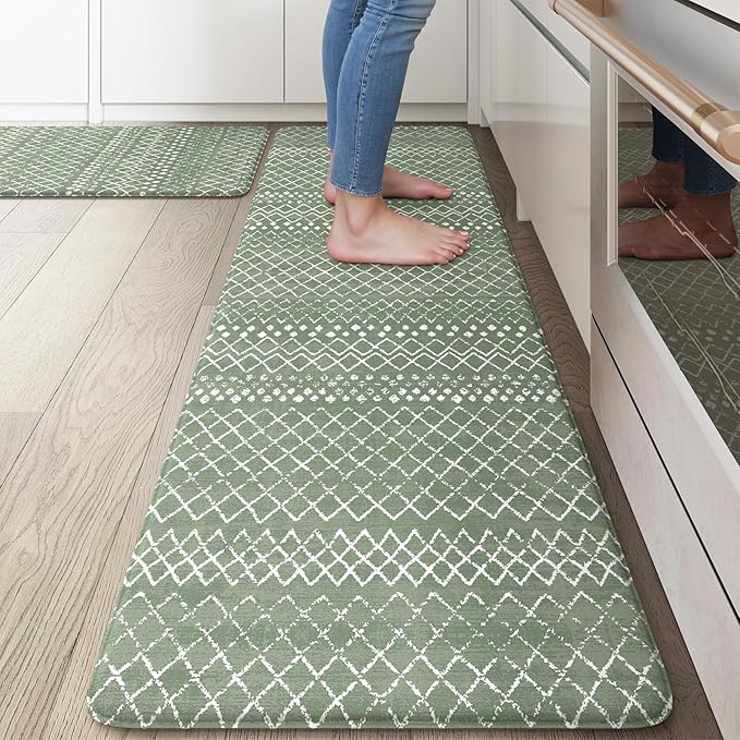 KIMODE Anti Fatigue Kitchen Mats for Floor, Boho Kitchen Rugs Sets of 2, Cushioned Kitchen Floor Mats, Comfort Standing Mat for Sink Laundry Office Desk Green 17"x59"+17"x29"