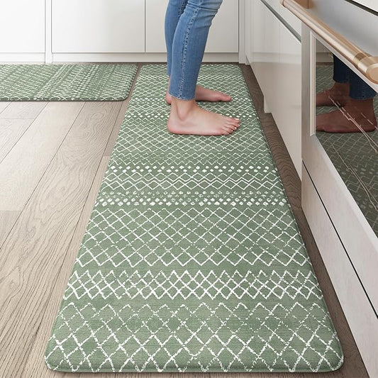 KIMODE Anti Fatigue Kitchen Mats for Floor, Boho Kitchen Rugs Sets of 2, Cushioned Kitchen Floor Mats, Comfort Standing Mat for Sink Laundry Office Desk Green 17"x59"+17"x29"