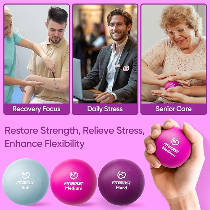 FitBeast Grip Strength Trainer โ 6 Pieces Hand Therapy Kit with Finger Extension Exerciser & Stress Balls for Adults, Rehab & Strength Training โ for Men, Women, and Seniors