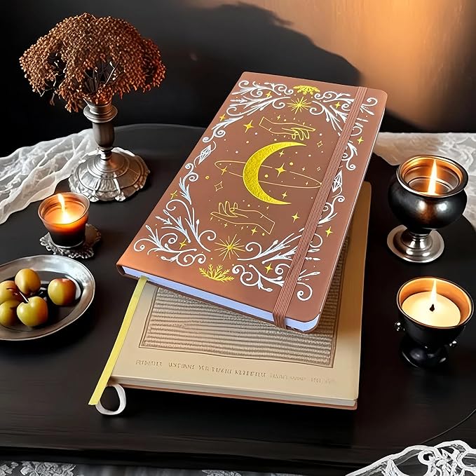 BUKE A5 Dotted Journal – 160gsm Ultra Bamboo Paper, Moon & Star Foil Cover, Flat Lay Notebook with Gift Box – 160 Pages, 5mm Dot Grid, Faux Leather Hardcover (Brown)