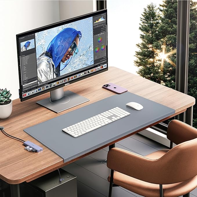 AKOZLIN 27.55”x 15.8" Soft PU Leather Surface Office Desk Mouse Mat Anti-Push Pad with Full Grip Fixation Lip Table Blotter Edge-Locked Protector Grey